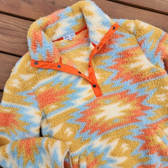 Jen & Co Sherpa Pullover Womens Large XL Aztec Orange Blue Yellow Fall Cozy - Picture 1 of 11